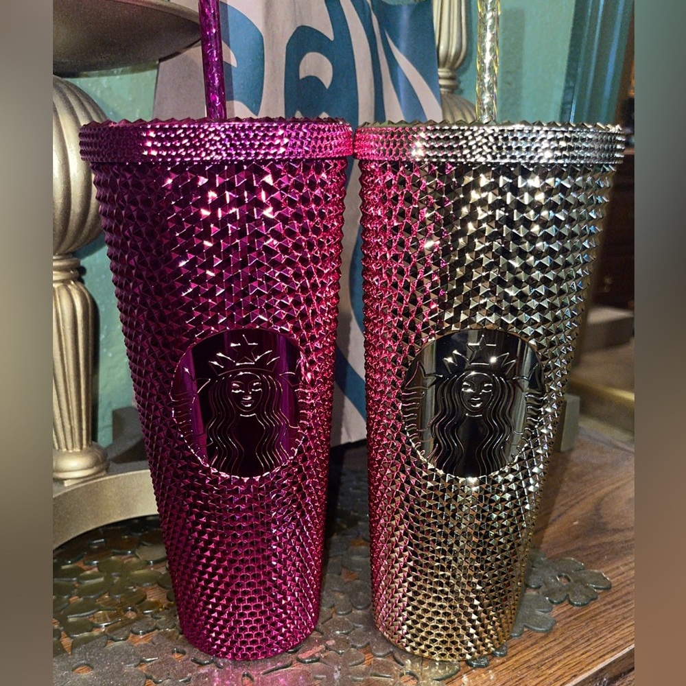 Starbucks 2022 Holiday Edition Sangria and Gold bling studded tumbler 24 oz Set